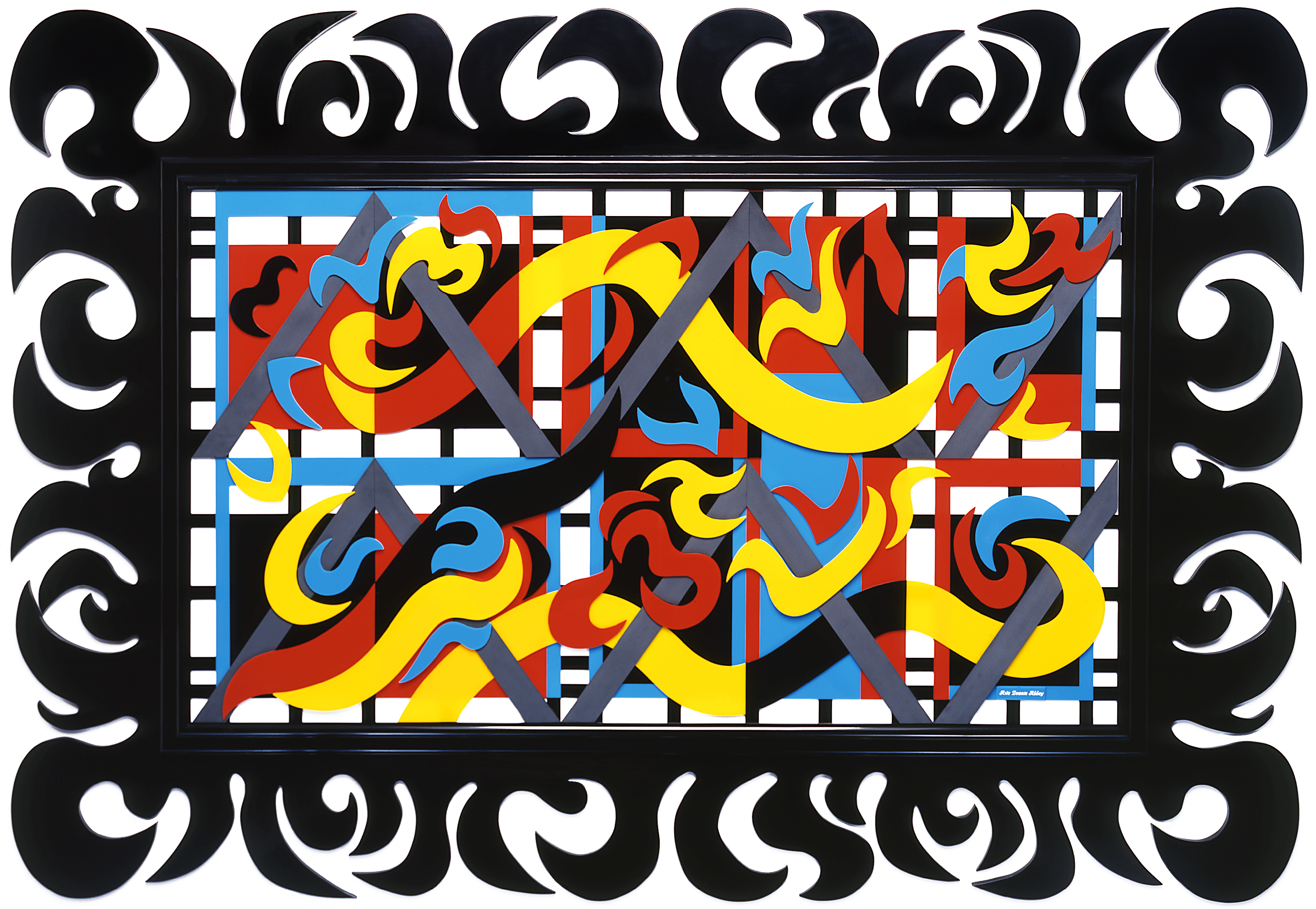 Celebration, a plexiglass piece done by Rita Deanin Abbey. A huge, framed piece. The frame looks aflame and encases the frenzy of shapes and movement in the piece. The piece is a mix of black, blue, yellow, and red shapes against a white background. The piece grounds the v-shaped and wavy lines, water current shapes, and triangle shapes in the repeating rectangle and black-lined background.