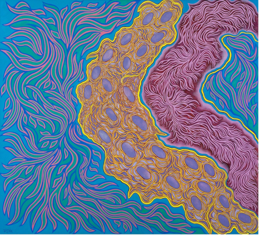 Ancestral Garden, a large-scale acrylic painting by Rita Deanin Abbey. A bright blue background with kelp-like lines fill the painting. The lines are outlined in pink. In the center of the piece is a purple curved shape with small, purple ovals inside of it. Muted yellow lines wrap around the ovals. The shape is outlined in an electric yellow. Next to the yellow-outlined shape is a dark magenta curved shape that forms into the grooves of the yellow one. The inside of this shape is coral-like and brighter pink. This same shade lines the outside of the shape, giving it a glow. The right side of the shape is outlined in electric yellow, before the kelp-like lines continue.