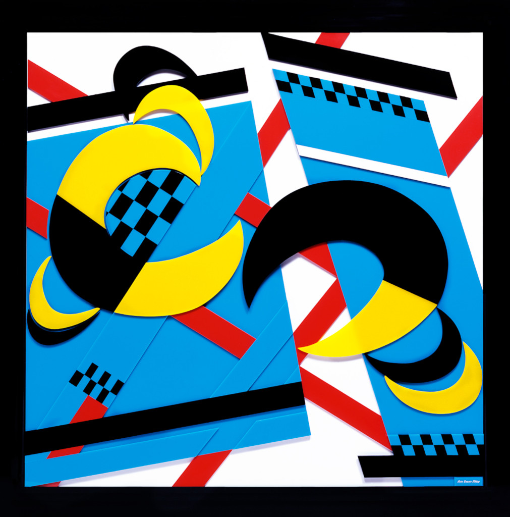 Crescent Cycle from Rita Deanin Abbey's plexiglass series. A black, square frame around a white background. The background is slashed by red lines and covered by an angular blue square and thin rectangle, each with sections of black checkerboard. Crescent shapes of black and yellow pop from the background.