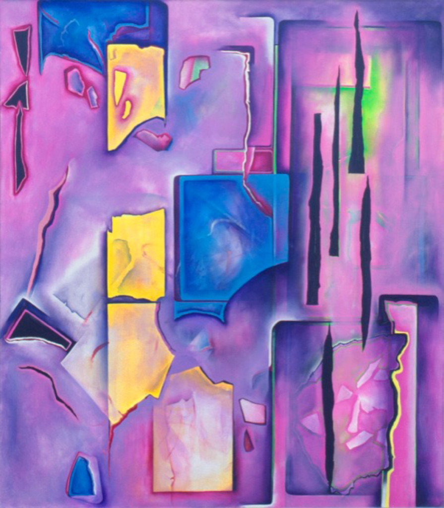 Rita Deanin Abbey's painting, Daybreak in a Region Almost Empty, 1979. It is a purple background, with smoky portions of darker purple throughout. Yellow and blue shapes in the middle of the painting look like broken glass and black lines appear as tears in the painting. A green section in the top left shimmers beneath the black lines and sections of white add a glow to the shapes and lines.