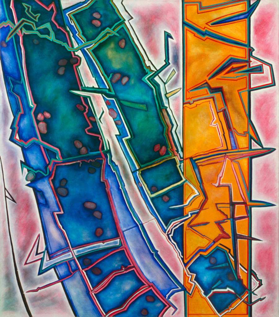 A painting by Rita Deanin Abbey. The background is what looks like an airbrushed pink, disrupted by three electric rectangles. From left to right the rectangles are blue, green, and orange; however, the rectangles bleed and cut into each other with shaky volts running through them. Groups of small, round, suspended shapes riddle the rectangles. Diagonal movements in the picture plane seem to increase the dynamics of space.