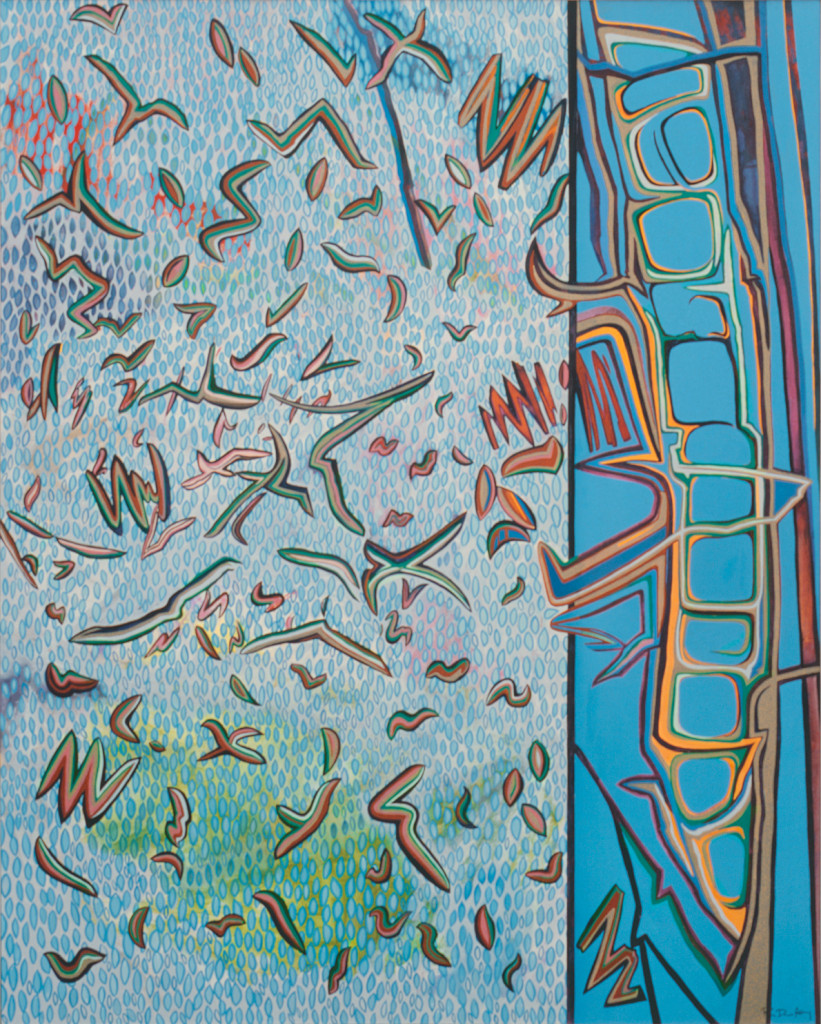 Jacob's Ladder, a large acrylic painting by Rita Deanin Abbey. On the right of the painting is a bright blue background with rounded squares and rectangles outlined in orange and green. On the left of the painting is a background of small diamond shapes with areas of color behind them such as green, blue, and red. There are many V and diamond-shaped lines on top of the background, all in tan, and blue/green coloring.