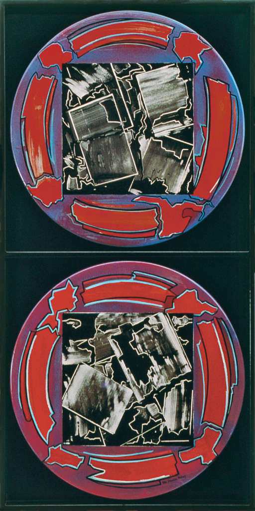 Part of Rita Deanin Abbey's Porcelain Enamel Fired on Metal series. Black, metal background split into two parts. The top half is one mandala with bluish red coloring and a black square in the center. Around the square are red, curved rectangles with geometric shapes. The bottom half is a second mandala with a reddish purple background and a black square in the center. Around the Around the square are red, curved rectangles with geometric shapes.