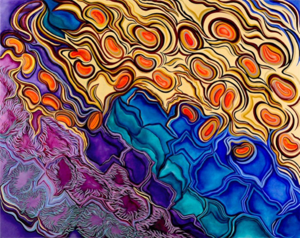 Regeneration, a large-scale acrylic painting by Rita Deanin Abbey. On the left are round, fuzzy pink and purple formations that fade into the round blue, watery formations. Both of these sections are interrupted by orangey bean-shapes against a yellow background on the right. These shapes float into the blue and purple sections.
