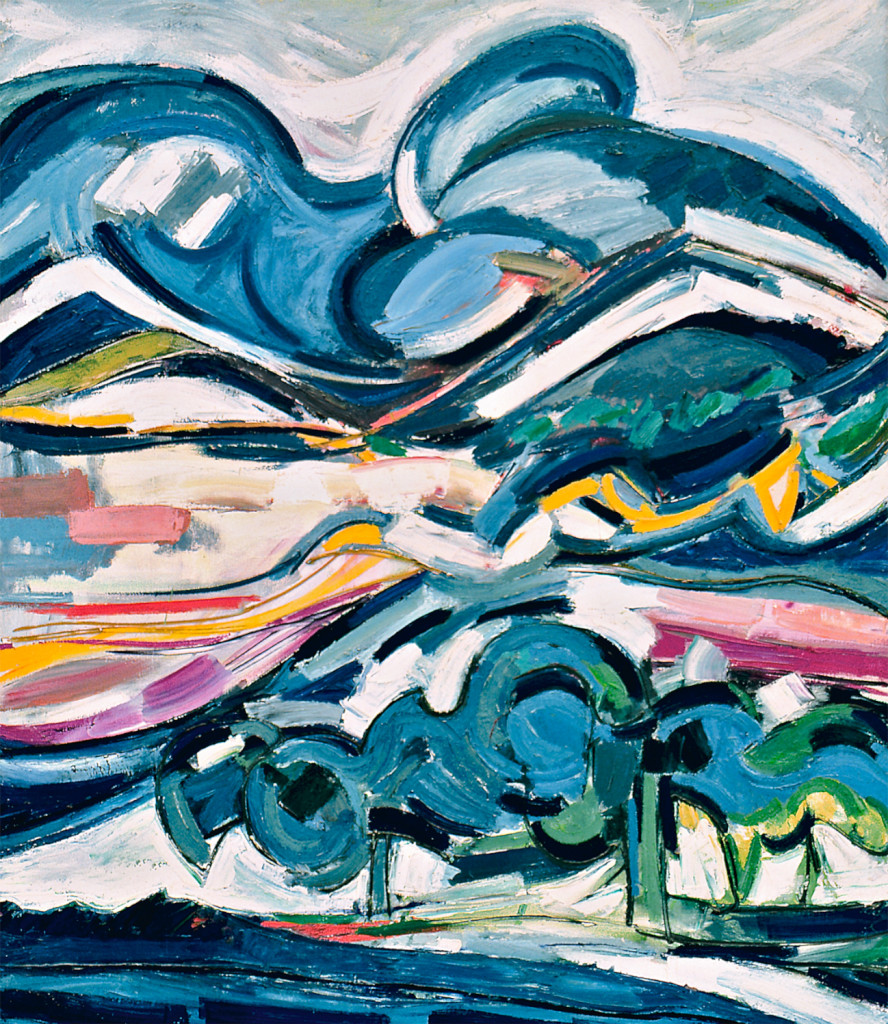 An oil painting done by Rita Deanin Abbey of a mountain landscape in Taos, New Mexico. The top is a white and blue sky that mixes with a blue round mountain, cut up by white triangular shapes forming mountains. The middle is a mix of thin lines of yellow, purple, pink, and blue. The bottom is a swirl of circles and cloud-like shapes forming what appears to be trees before they root in the dark blue and white floor.