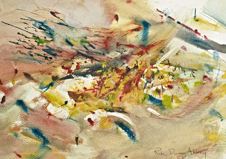 Drawing 10 from Rita Deanin Abbey's "Rivertrip Series." A burst of color in a diagonal flow of yellow, upset by explosions of blues, greens, and red watercolors. Black watercolor, pen-like strokes give order to the scene.