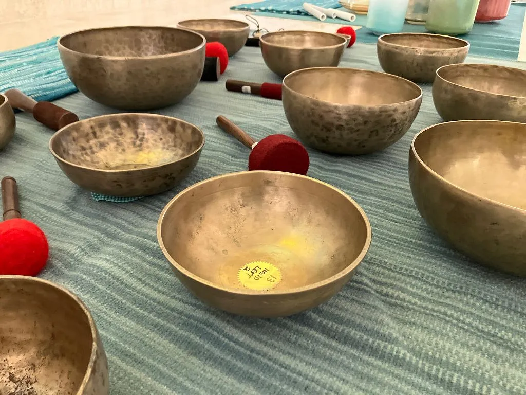 Singing bowls that our instructor, Terry Mahoney uses during our monthly sound baths at the museum. There are 11 bowls in frame and about 6 red mallets laying next to them on the blue rug on the floor. The picture was taken from slightly above so you can see inside the bowls and the side of the bowls.