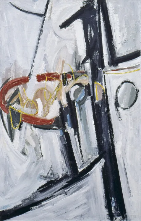 White background with a thick, black line through the right side of the painting with a thinner line coming out of it to the bottom left. In the middle of the painting, there is a red line that swoops and curves on the left side. In the red line's curve are tan circles in a row and yellow lines. One circle is on the right side of the thick line and appears gray like a mirror.