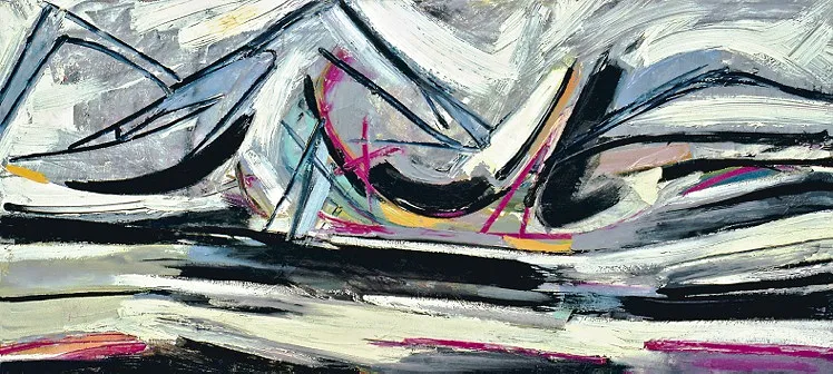 Painting of Taos mountain landscape with shades of blacks, grays, tans, and some magenta to make the landscape pop. Mountain figures are formed using controlled, black lines. In the center of the piece are some shapes Rita later nicknamed, "Walking Landscape." It is two thin, cyan lines forming a triangle, a magenta cross, and another magenta two-lined triangle. The painting looks as though the brushstrokes are moving with a wind.