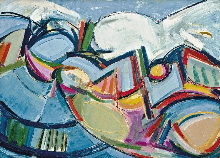 Landscape painting of Taos. The focal point of the painting are mountainous shapes done with light and dark blue paint. Shades of blue sweep the painting and white on the top mimics clouds rolling over the landscape. Light green grounds the piece in the center and right side, connecting the blue mountains with the blue edge of the piece.