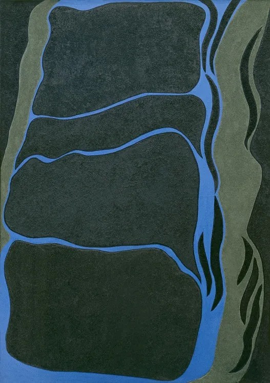 Vertical piece with a dark green edge that frames a light green edge. The center of the piece is four horizontal, organically shaped rectangles, each divided by streams of blue, creating "islands."