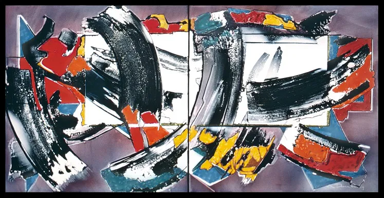 Horizontal, two-panel, porcelain enamel fired on steel piece. Purple-gray background with a small, white rectangle that spans the upper portion of both panels. Large, black, paint-roller-sized strokes swish along the piece and fade into each other and standout against other swatches of reds, blues, yellows, and oranges.