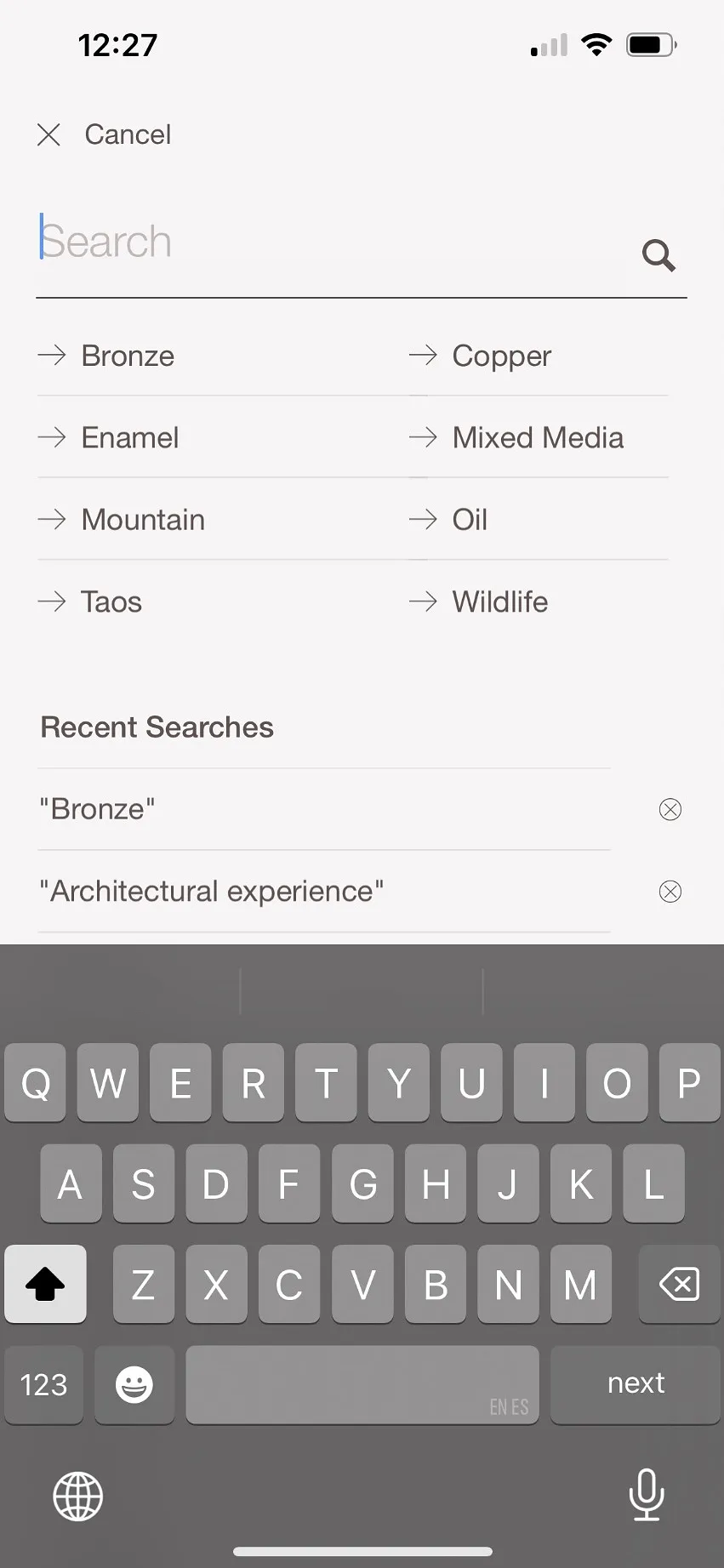 Phone view of RDA Museum App. It is a search bar function with suggested keywords to search for in Rita Deanin Abbey's archive. 