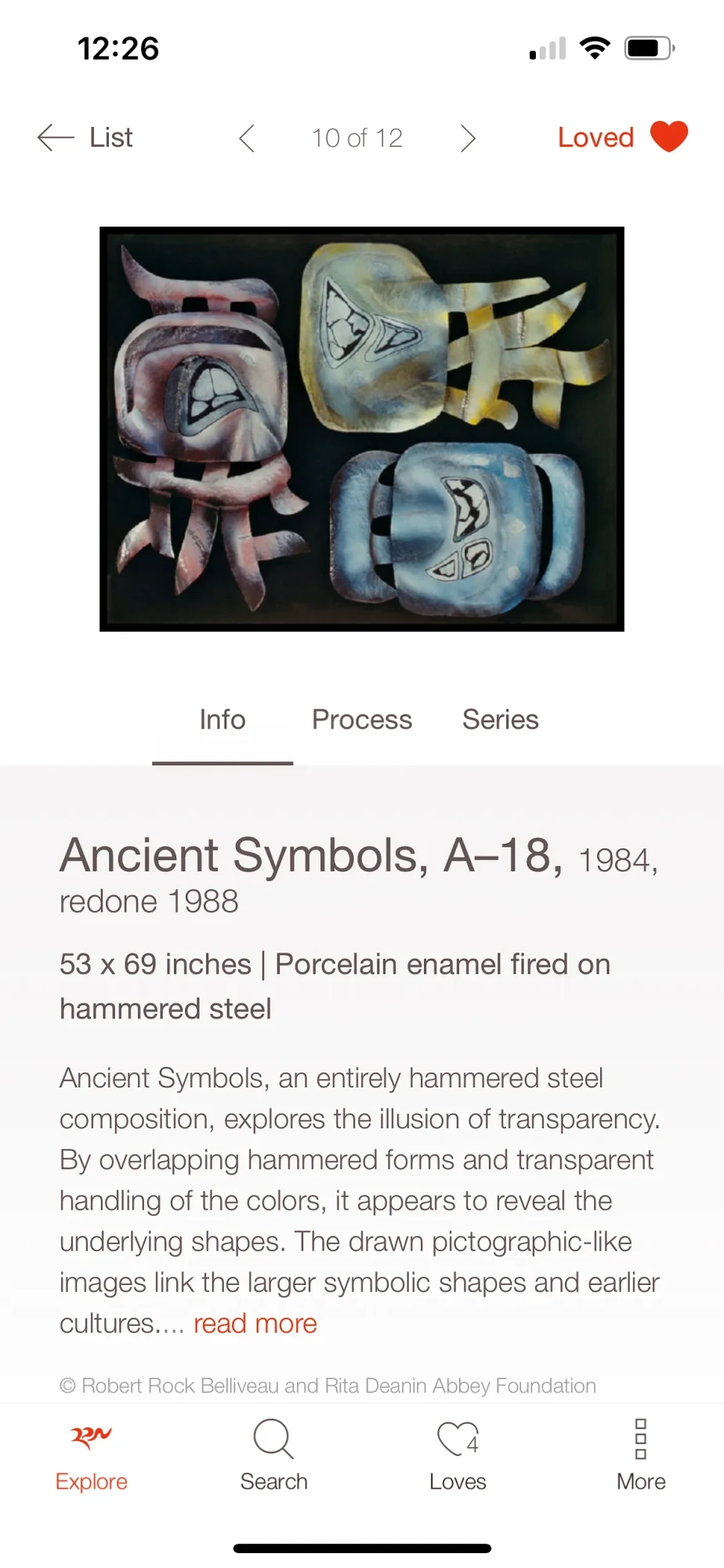 Phone view of RDA Museum app. Shows the page for "Ancient Symbols" with information about the piece such as date, size, medium, and process.