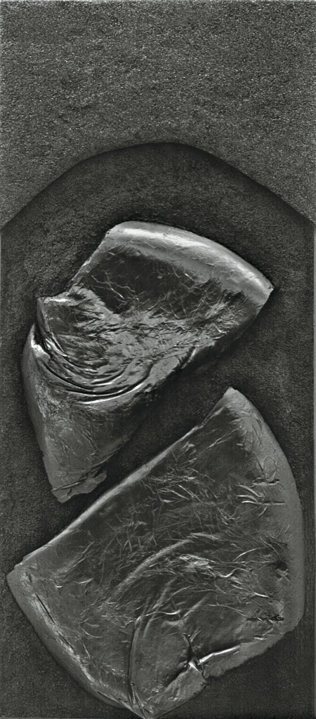 The mixed media work by Rita Deanin Abbey titled Maui. This work was completed in 1969 and is a 3D relief made of polyurethane foam and acrylic sheets. The structures in the center mimick folded lava from Hawa'ii.