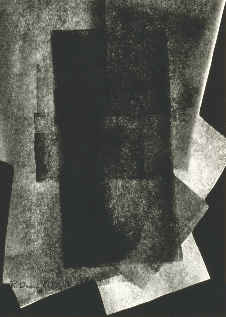 The ink work by Rita Deanin Abbey titled Shadows. This work was completed in 1967 and is a 2D ink composition using warm and cool black inks. The negative space in this work in an important compositional choice that creates the implication of geometric forms.