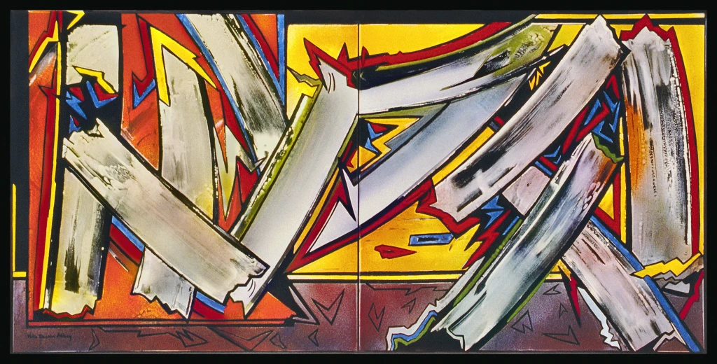 A warm composition with thick white strokes spread throughout the composition. The work features a large orange and large yellow block in the background that separate the composition.