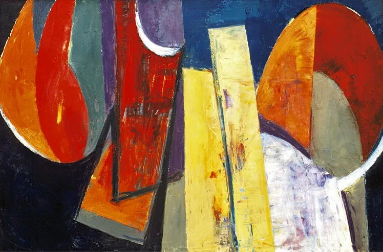 A bright composition with two bright yellow rectangles at the center. Throughout the work are orange and red half-circles that emphasize the yellow in the foreground.