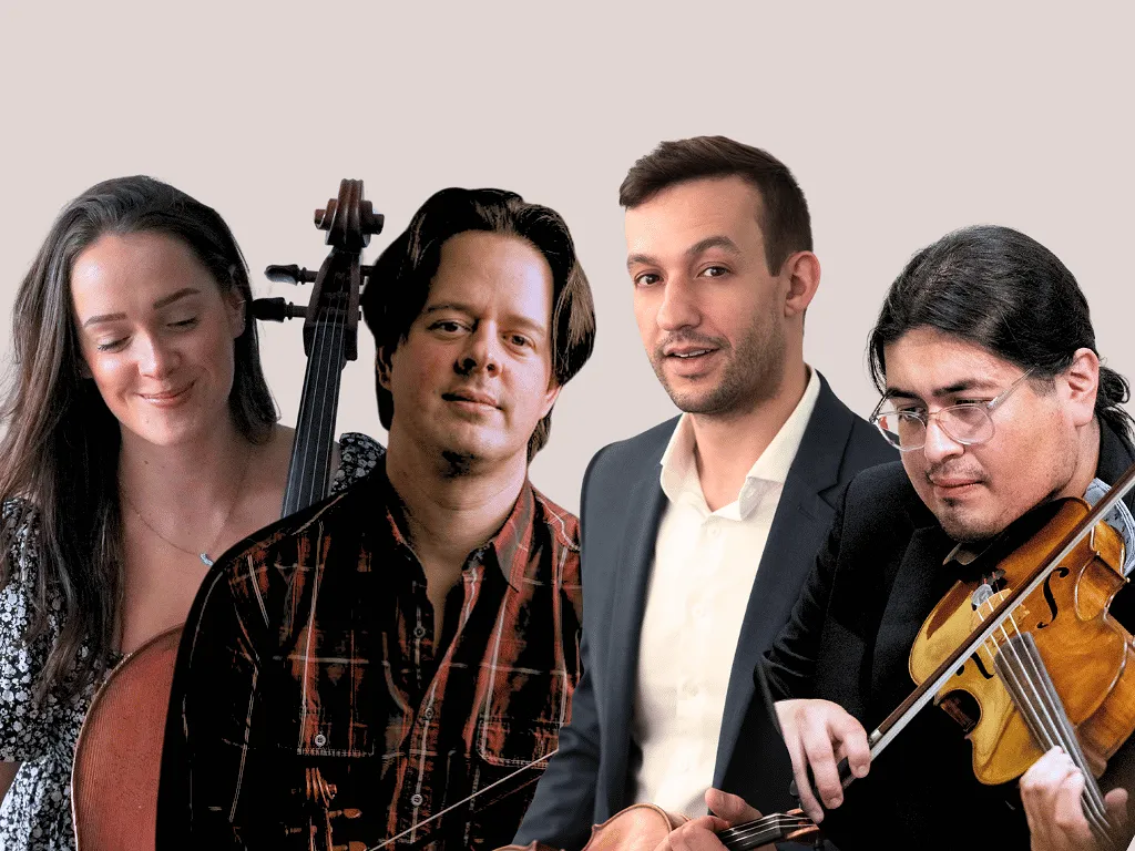 Four headshots of orchestral players against a mint green background. One women is holding a cello on the left and three men are holding their instruments on the right.
