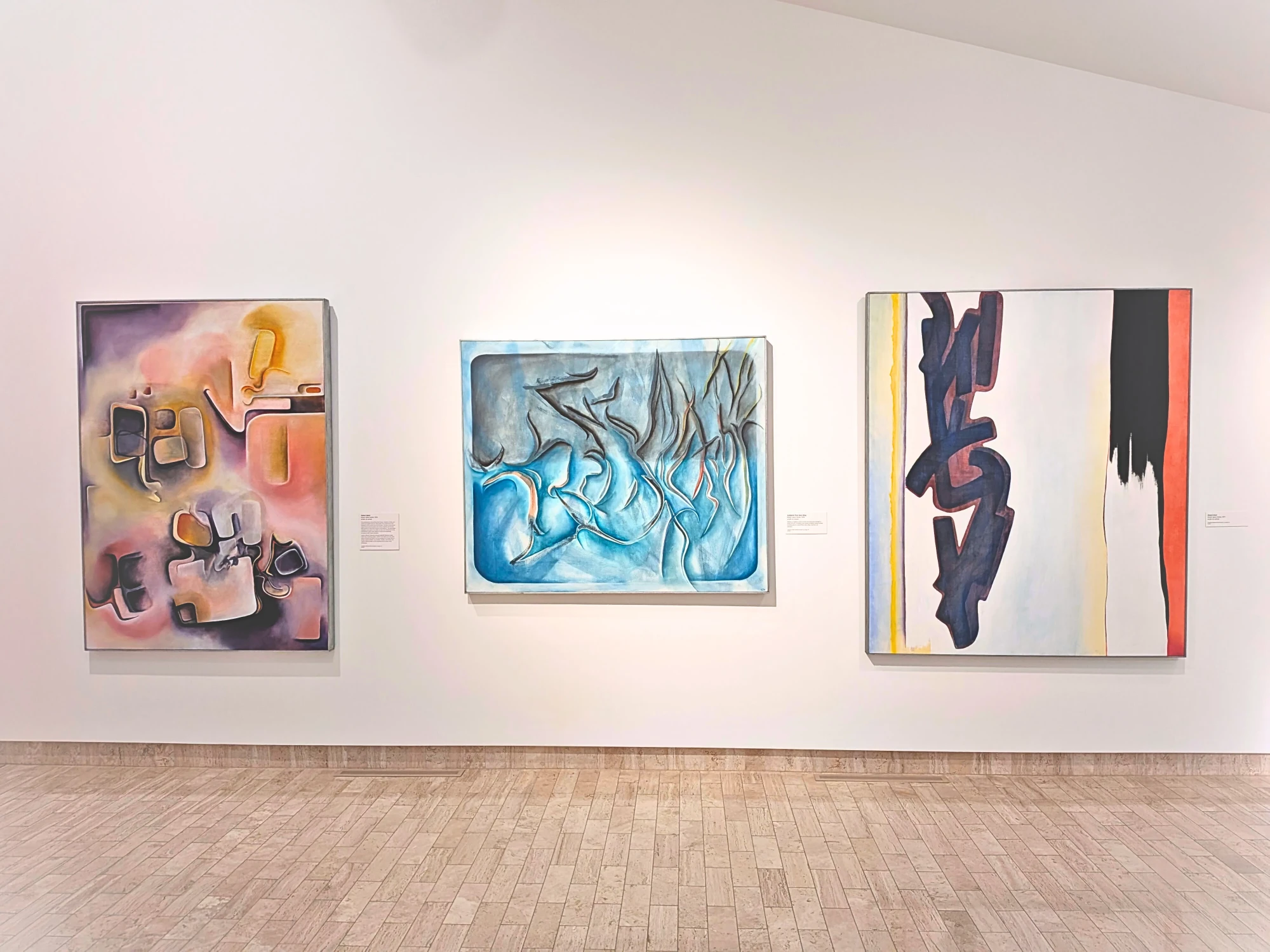 Three Rita Deanina Abbey acrylic paintings hang on a wall. from left to right the works are, 'Desert Space' (1978). 'Suddenly They Take Wing' (1978), & 'Desert Heat' (1977).