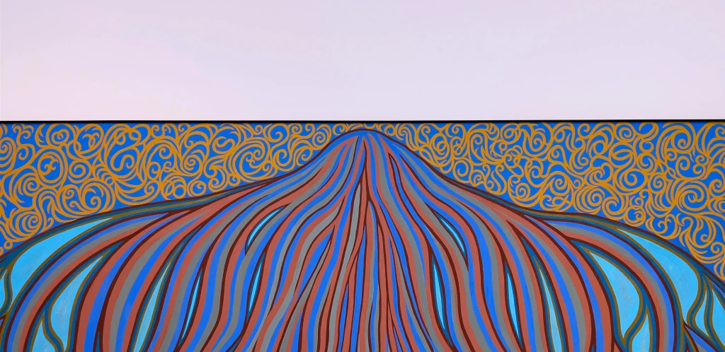 A photograph of Kelp Forest, 2012. The photo shows the top half of the work. The work is a cool piece with a heavy emphasis on blue. The background of the work is broken up with a gold vine pattern across the entire composition. On the foreground is a line composition that starts at the top center of the work and extends outward with blue and red waves toward the bottom of the work.