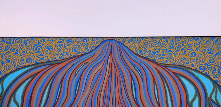 A photograph of Kelp Forest, 2012. The photo shows the top half of the work. The work is a cool piece with a heavy emphasis on blue. The background of the work is broken up with a gold vine pattern across the entire composition. On the foreground is a line composition that starts at the top center of the work and extends outward with blue and red waves toward the bottom of the work.