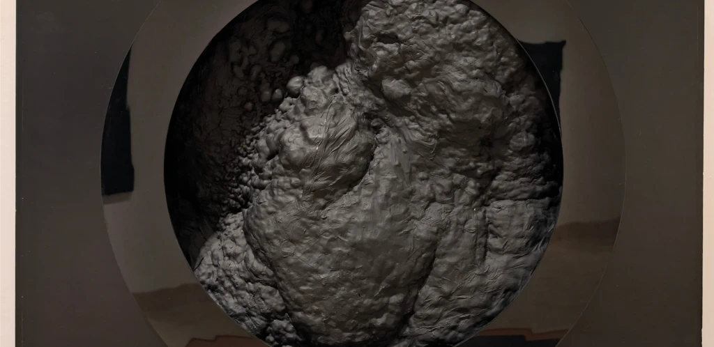 A close up shot of the Rita Deanin Abbey work Maginus Crater. This photo emphasizes the plexiglass rim of the circular center. The bumps and curves of the organic shape of the center of the work can be seen within the plexiglass rim. The entire work is different variations of black.