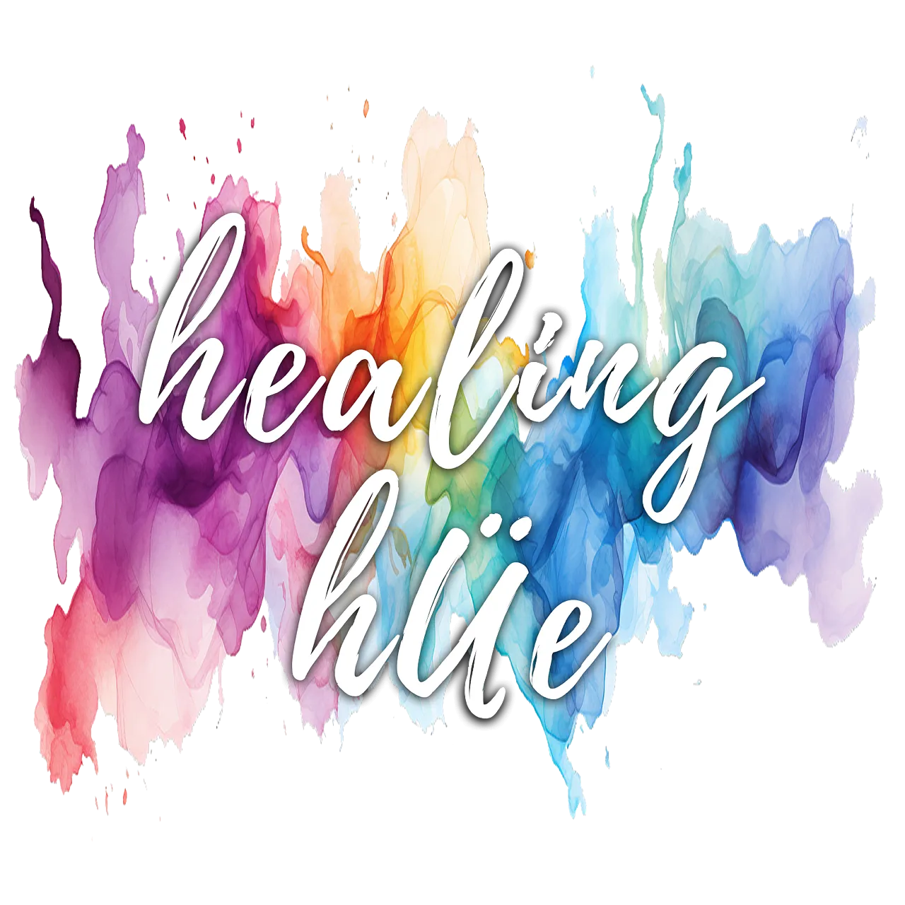 Healing Hue in cursive written on a rainbow blot of watercolors