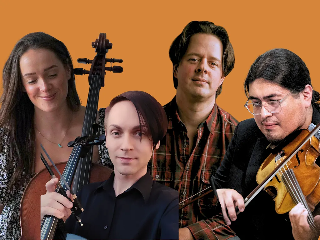 Headshots of Violinist Adrianna Shaw, Cellist David Warner, Violinist James Anderson, Violist Arturo Hernández Gómez on an orange background
