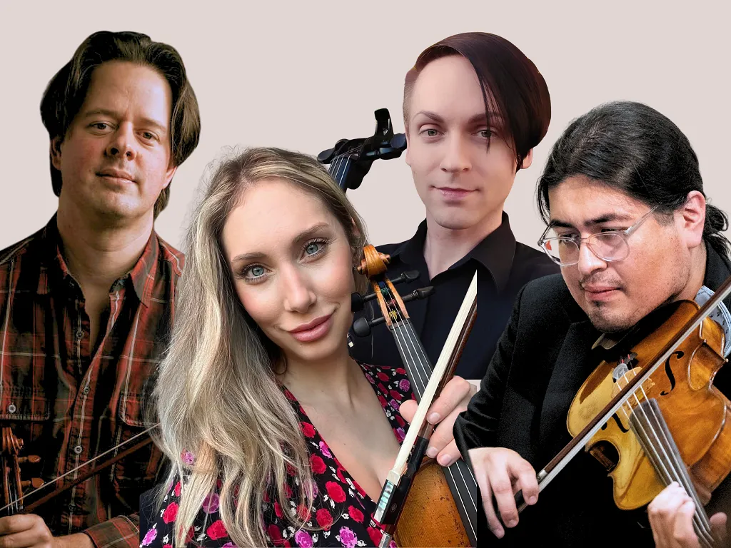 Headshots of Violinist Adrianna Shaw, Cellist David Warner, Violinist James Anderson, Violist Arturo Hernández Gómez on a grey background