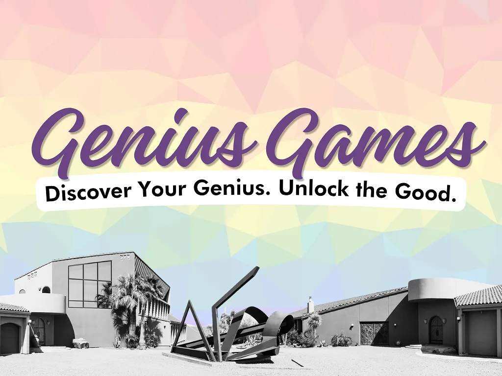 Banner that reads "Genius Games: Discover your genius, Unlock the Good" in purple text over a photo of artwork in the art museum