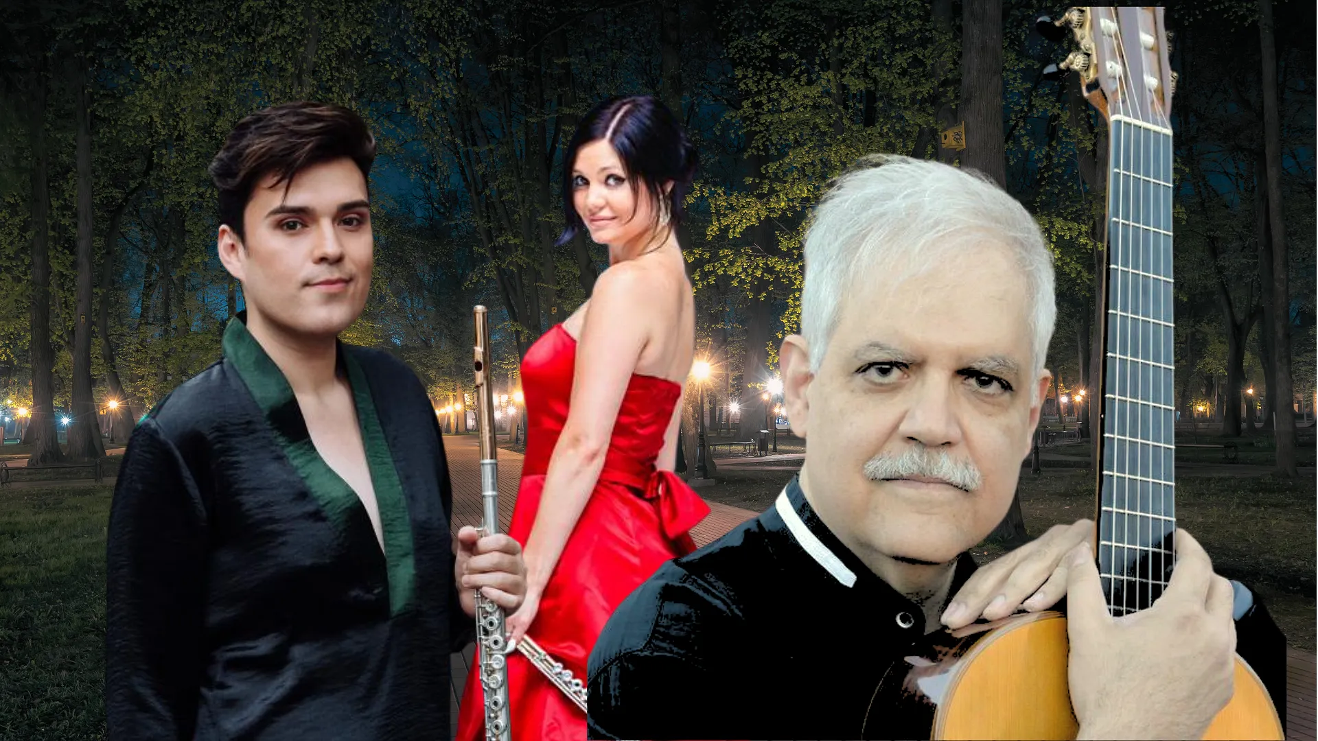 Professional headshots of Flutist Ráyo Furuta, Flutist Christina Castellanos, and guitarist Ricardo Cobo, juxtaposed in front of a dark street illuminated by orange lamps